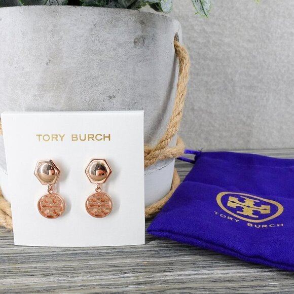 Tory Burch Hexagon Circle Logo Drop Earrings Rose Gold OS - Picture 3 of 12
